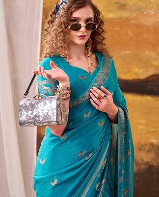 Sea blue mordern ethnic crepe silk weaving saree 3