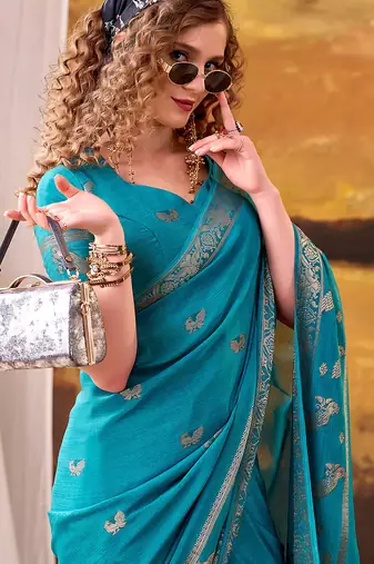 Sea blue mordern ethnic crepe silk weaving saree