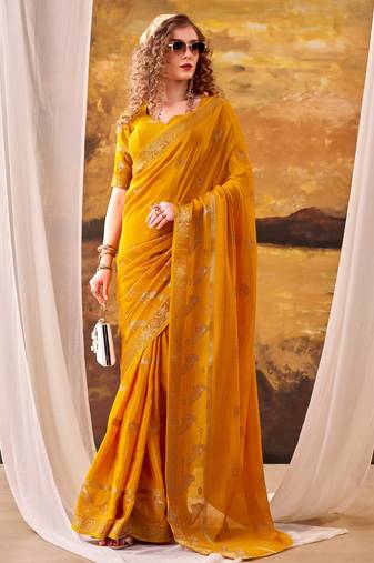 Yellow mordern ethnic crepe silk weaving saree