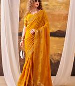 Yellow mordern ethnic crepe silk weaving saree