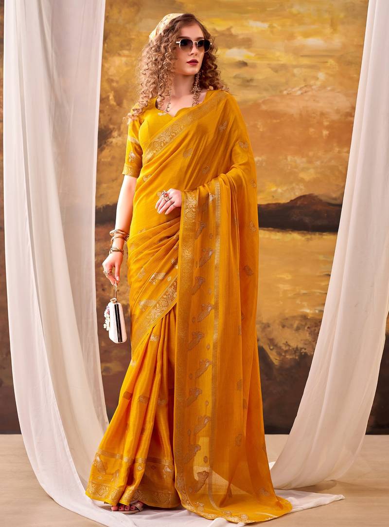 Yellow mordern ethnic crepe silk weaving saree