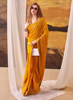 Yellow mordern ethnic crepe silk weaving saree 2