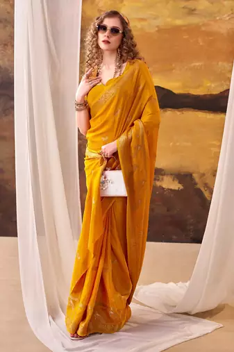 Yellow mordern ethnic crepe silk weaving saree