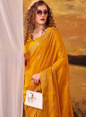 Yellow mordern ethnic crepe silk weaving saree 3