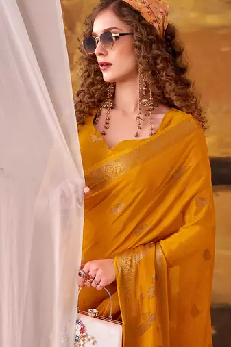 Yellow mordern ethnic crepe silk weaving saree