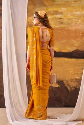 Yellow mordern ethnic crepe silk weaving saree 5