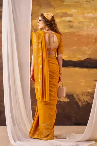 Yellow mordern ethnic crepe silk weaving saree