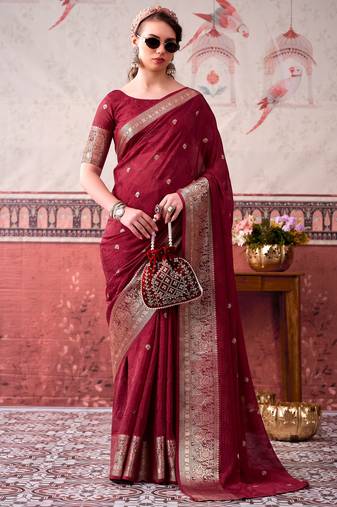 Maroon self printed chinnon silk zari weaving work saree