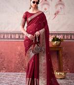 Maroon self printed chinnon silk zari weaving work saree