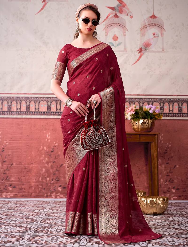 Maroon self printed chinnon silk zari weaving work saree