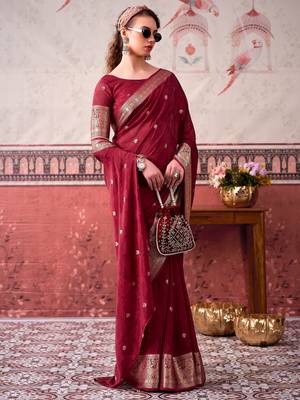Maroon self printed chinnon silk zari weaving work saree 2