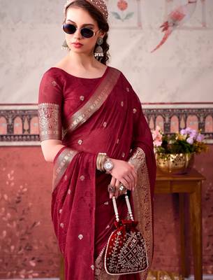 Maroon self printed chinnon silk zari weaving work saree 3