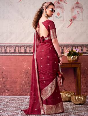 Maroon self printed chinnon silk zari weaving work saree 4