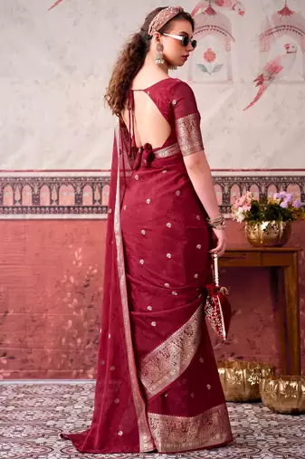 Maroon self printed chinnon silk zari weaving work saree