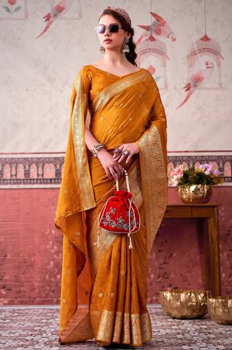 Mustard self printed chinnon silk zari weaving work saree