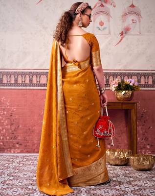 Mustard self printed chinnon silk zari weaving work saree 4