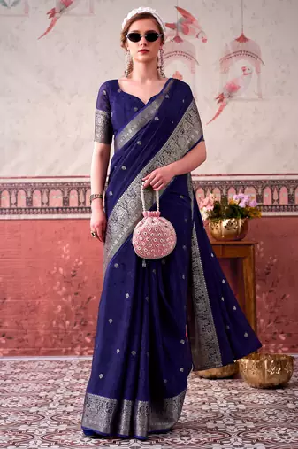 Navy blue self printed chinnon silk zari weaving work saree