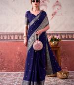 Navy blue self printed chinnon silk zari weaving work saree
