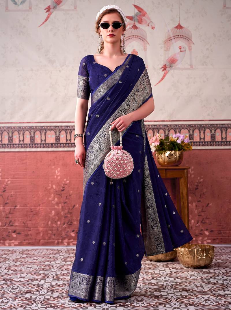 Navy blue self printed chinnon silk zari weaving work saree