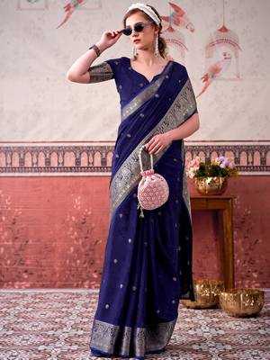 Navy blue self printed chinnon silk zari weaving work saree 2
