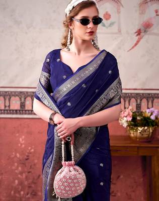 Navy blue self printed chinnon silk zari weaving work saree 3