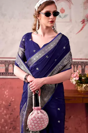 Navy blue self printed chinnon silk zari weaving work saree