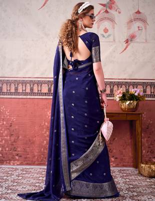 Navy blue self printed chinnon silk zari weaving work saree 4