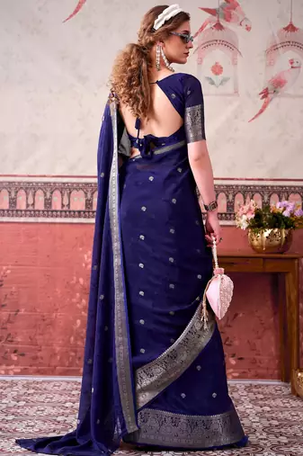 Navy blue self printed chinnon silk zari weaving work saree