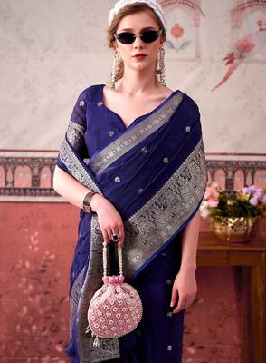 Navy blue self printed chinnon silk zari weaving work saree 5