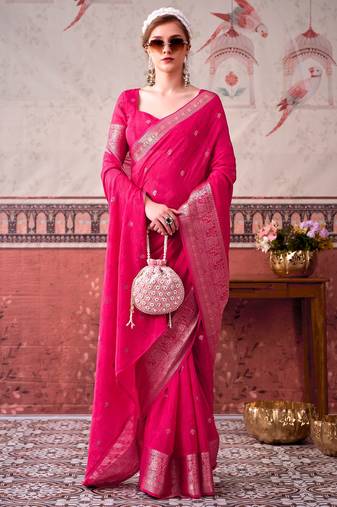 Pink self printed chinnon silk zari weaving work saree