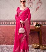 Pink self printed chinnon silk zari weaving work saree