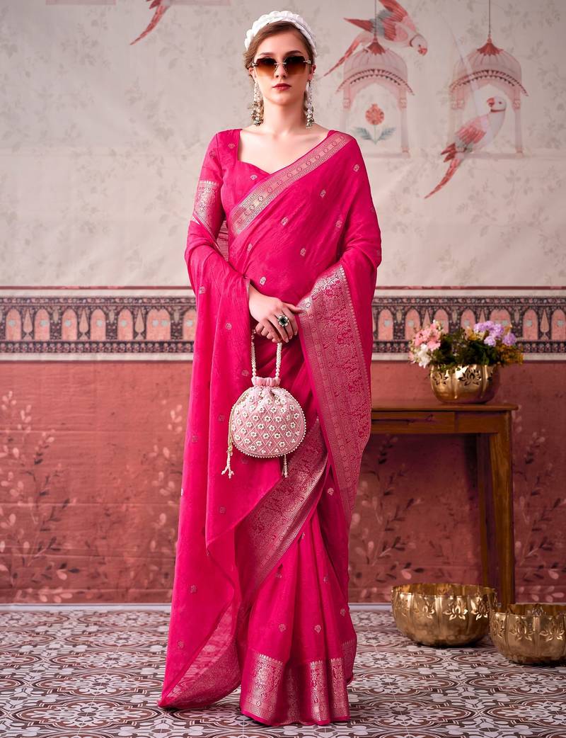 Pink self printed chinnon silk zari weaving work saree