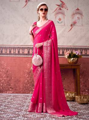 Pink self printed chinnon silk zari weaving work saree 3