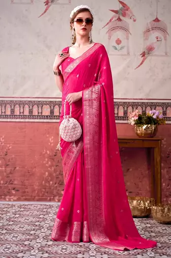 Pink self printed chinnon silk zari weaving work saree