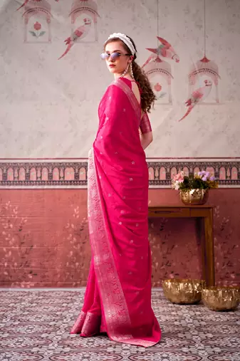 Pink self printed chinnon silk zari weaving work saree