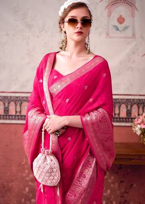 Pink self printed chinnon silk zari weaving work saree 5