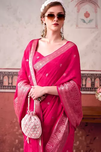 Pink self printed chinnon silk zari weaving work saree
