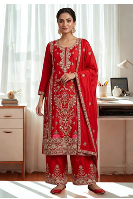 Red Silk Kurta  Heavy Embroidery Coding Sequence Work With Palazzo and Dupatta 3pc set 1