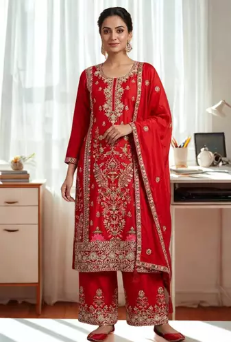 Red Silk Kurta  Heavy Embroidery Coding Sequence Work With Palazzo and Dupatta 3pc set