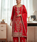 Red Silk Kurta  Heavy Embroidery Coding Sequence Work With Palazzo and Dupatta 3pc set