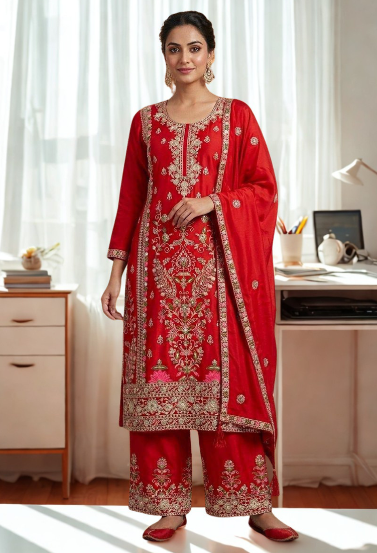 Red Silk Kurta  Heavy Embroidery Coding Sequence Work With Palazzo and Dupatta 3pc set