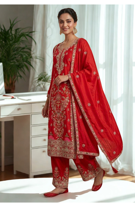 Red Silk Kurta  Heavy Embroidery Coding Sequence Work With Palazzo and Dupatta 3pc set 2