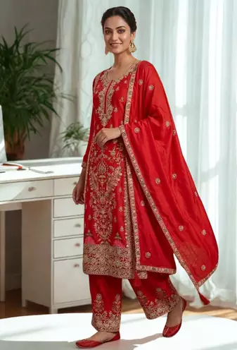 Red Silk Kurta  Heavy Embroidery Coding Sequence Work With Palazzo and Dupatta 3pc set
