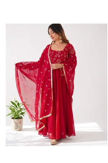 Red Silk Kurta  Heavy Embroidery Coding Sequence Work With Palazzo and Dupatta 3pc set 3