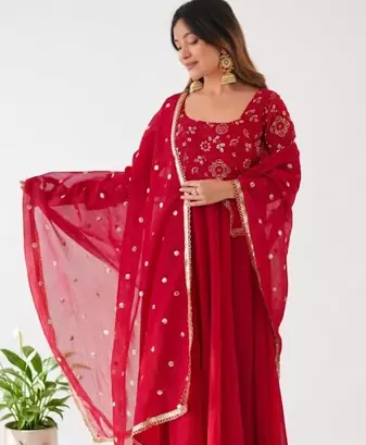 Red Silk Kurta  Heavy Embroidery Coding Sequence Work With Palazzo and Dupatta 3pc set