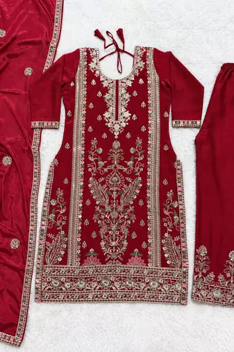 Red Silk Kurta  Heavy Embroidery Coding Sequence Work With Palazzo and Dupatta 3pc set