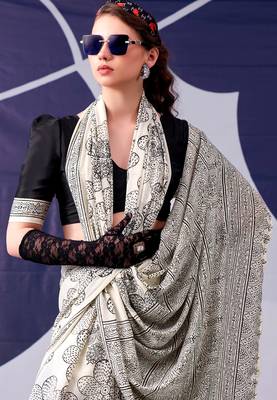 Black classic beauty satin sik floral printed with smooth texture saree 5