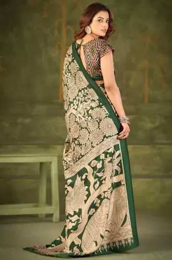 Green luxurious tussar silk kalamkari printed saree