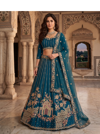 Royal Teal Embroidered Lehenga Choli Set with Dupatta 1