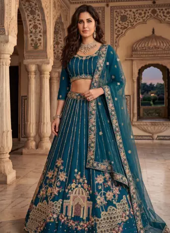 Royal Teal Embroidered Lehenga Choli Set with Dupatta